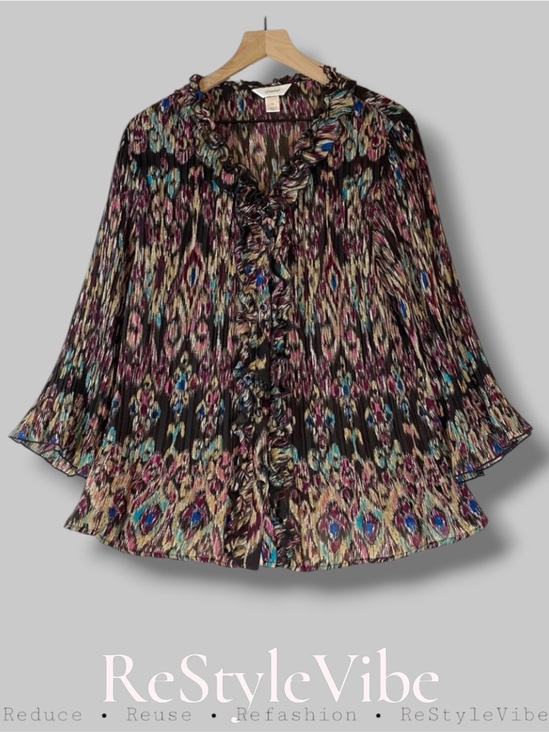 CJ Banks Tops - CJ BANKS Women’s Size 1X Blouse Top Shirt Button Down Front V Neck Ruffle Aztec